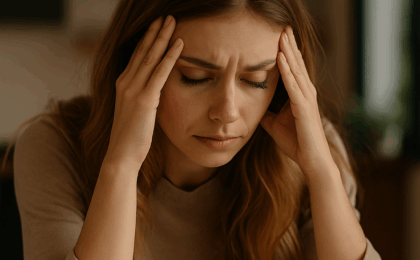 Femme en surcharge mentale, tête entre les mains, illustrant les symptômes de fatigue mentale et émotionnelle