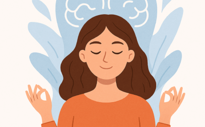 👉 "Illustration d’une femme méditant devant un cerveau apaisé, symbole de recentrage mental et de confiance intérieure"
