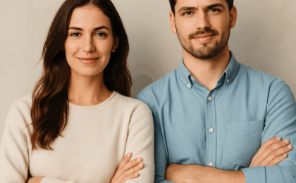 👉 "Homme et femme confiants posant sereinement, symbolisant la confiance en soi malgré les doutes"