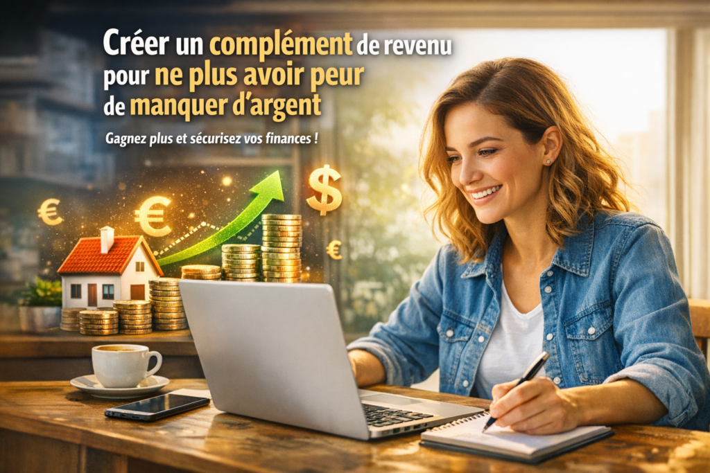 Femme travaillant sur un ordinateur pour créer un complément de revenu en ligne et sécuriser ses finances afin de ne plus avoir peur de manquer d'argent
