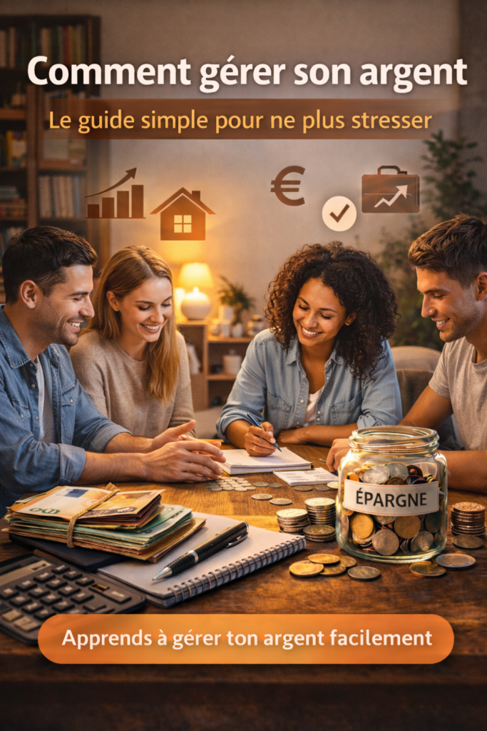 Groupe de personnes gérant leur argent autour d’une table avec billets, pièces et carnet illustrant la gestion financière simple et la réduction du stress lié à l’argent