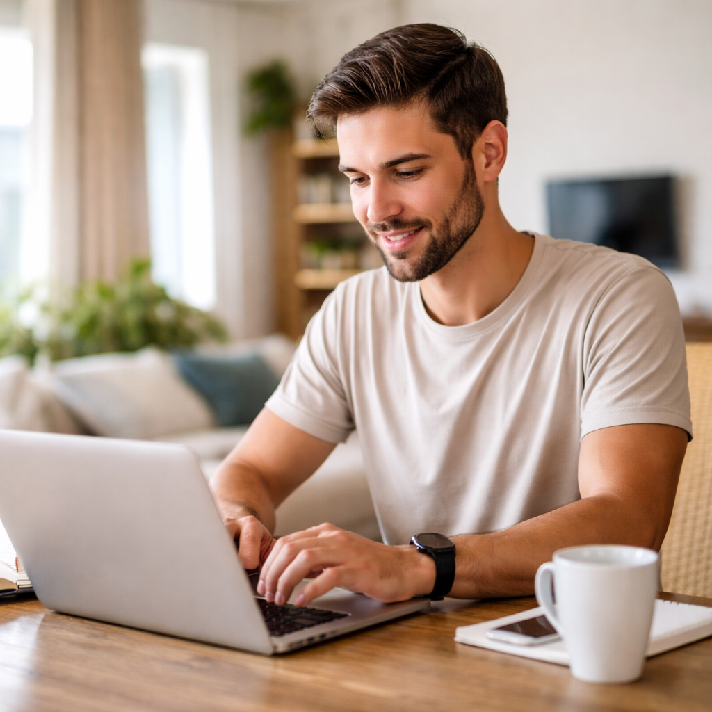 homme travaillant sur ordinateur portable pour gagner de l'argent en ligne depuis chez soi