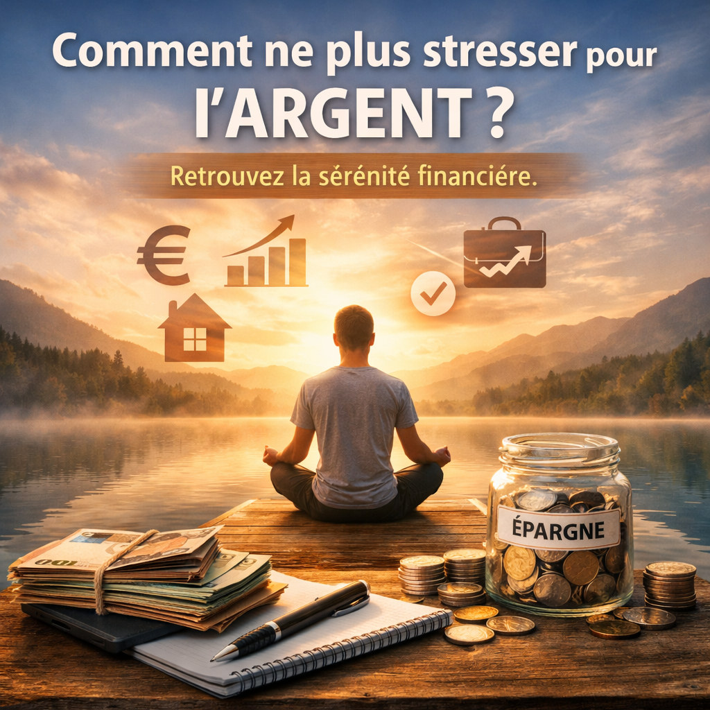 Personne méditant face à un paysage apaisant symbolisant la sérénité financière avec des éléments d’épargne et d’argent illustrant la liberté financière et la fin du stress lié à l’argent