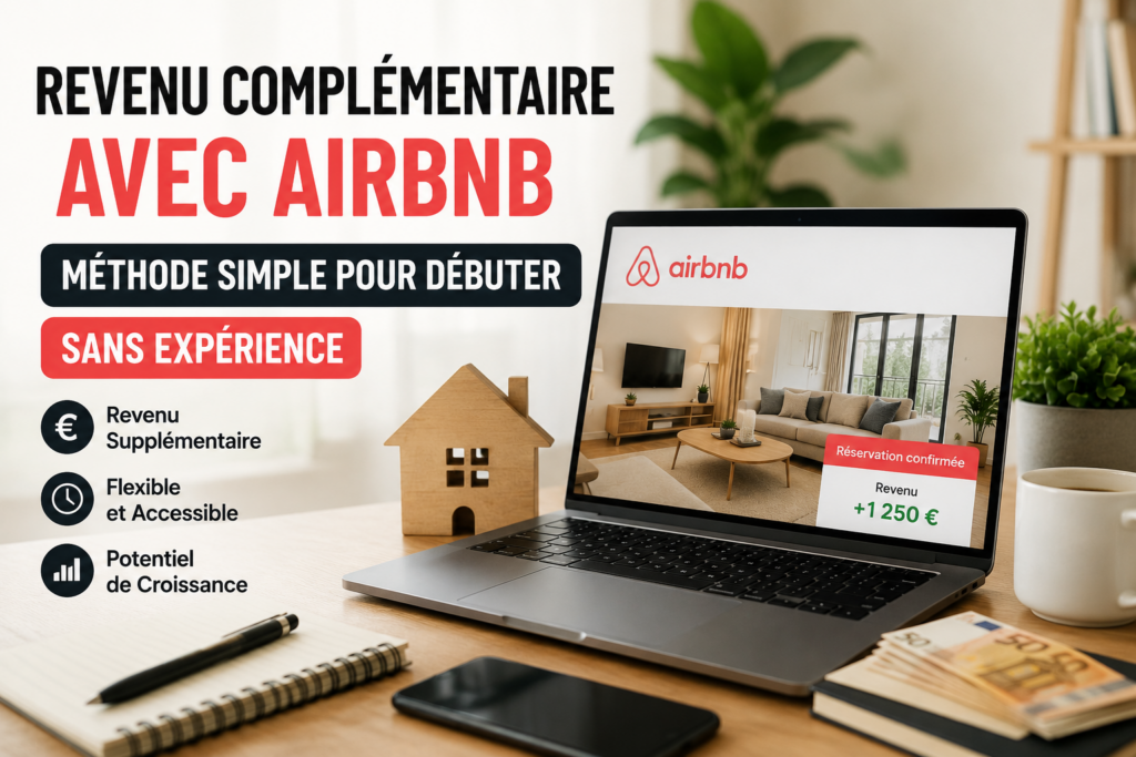 Image illustrant la création d’un revenu complémentaire avec Airbnb sans expérience, montrant une méthode simple pour débutants souhaitant générer des revenus en ligne.