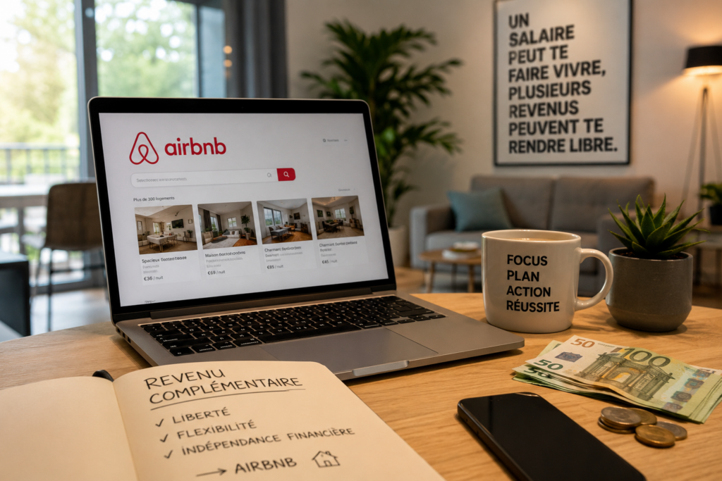 Ordinateur affichant Airbnb sur un bureau moderne avec carnet de notes sur les revenus complémentaires et indépendance financière.