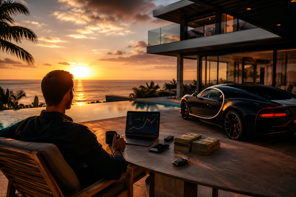 Homme travaillant sur ordinateur portable avec graphiques financiers devant une villa de luxe au coucher du soleil, symbole de liberté financière et revenus passifs