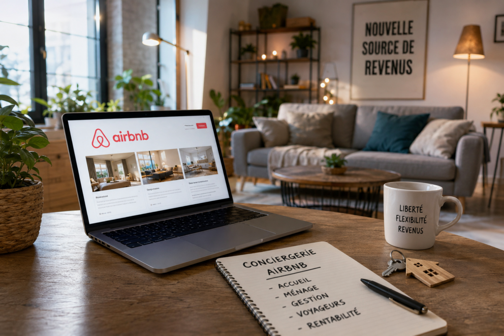 Bureau de travail moderne avec ordinateur affichant Airbnb, carnet de notes sur la conciergerie Airbnb et environnement illustrant la création d'une source de revenus complémentaire.