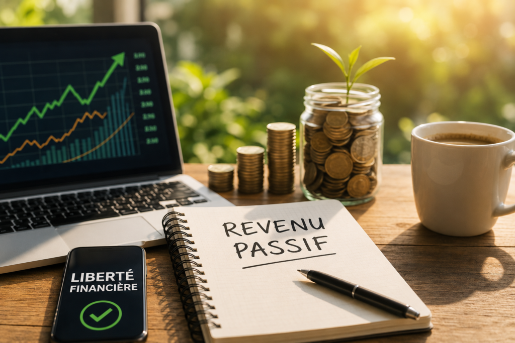Illustration du revenu passif avec ordinateur affichant une croissance financière, épargne, investissement et liberté financière pour créer plusieurs sources de revenus complémentaires.